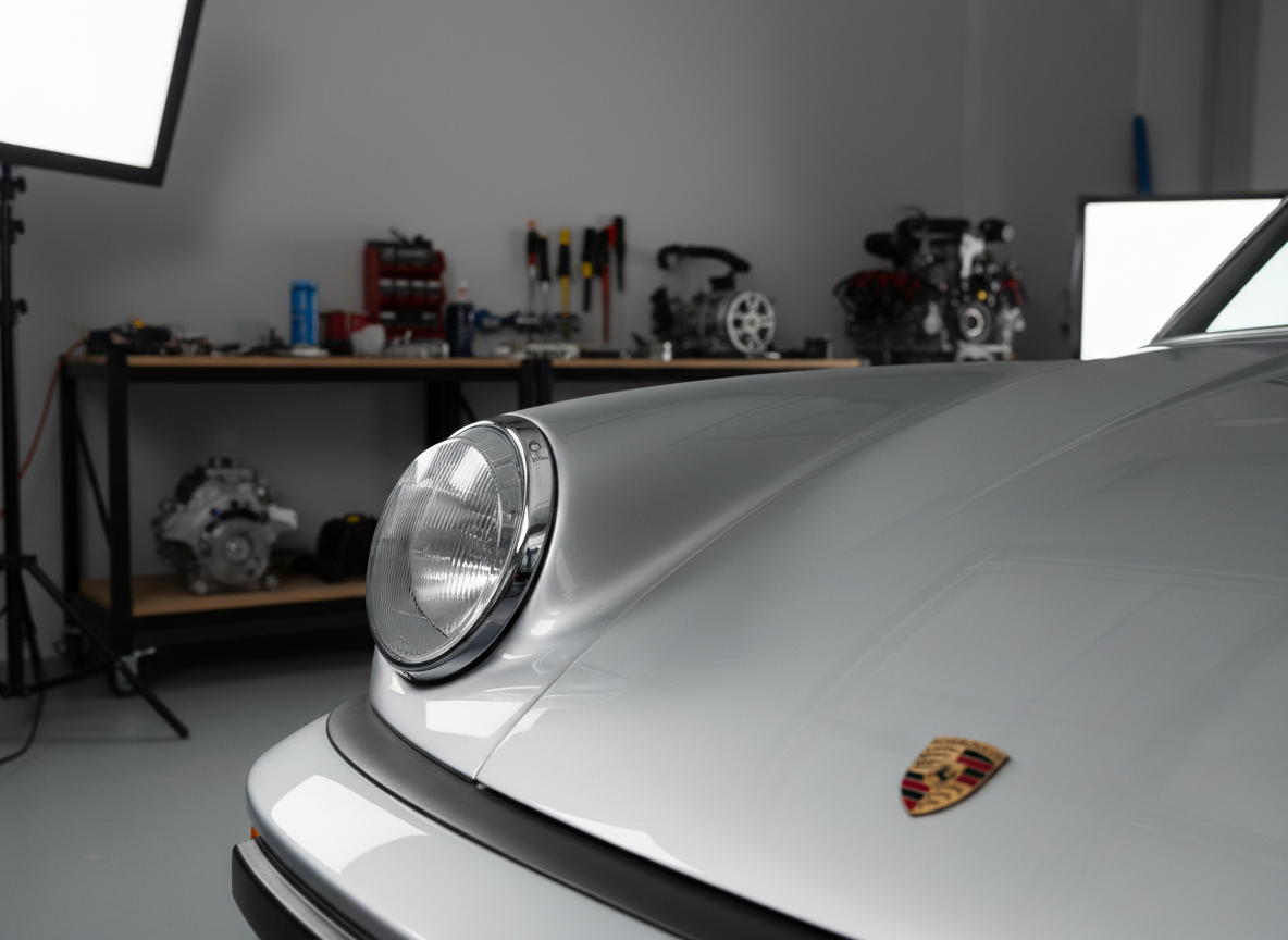 A close-up, hyper-detailed view of a classic Porsche 911 front fender in silver metallic, freshly painted to concours Note 1+ quality. The surface is flawlessly smooth, reflecting soft studio light in a long, uninterrupted highlight. The iconic round headlamp with crystal-clear glass and perfectly aligned chrome bezel dominates the frame, surrounded by precisely gapped body panels. The car is positioned in a controlled studio-like bay with neutral gray walls and a subtly blurred background of organized tools and parts. Gentle side lighting from large softboxes creates sophisticated gradients across the curves, emphasizing depth and craftsmanship. Shot from a low, tight angle with shallow depth of field, the mood is luxurious, obsessive, and technical, in high-end photographic realism.