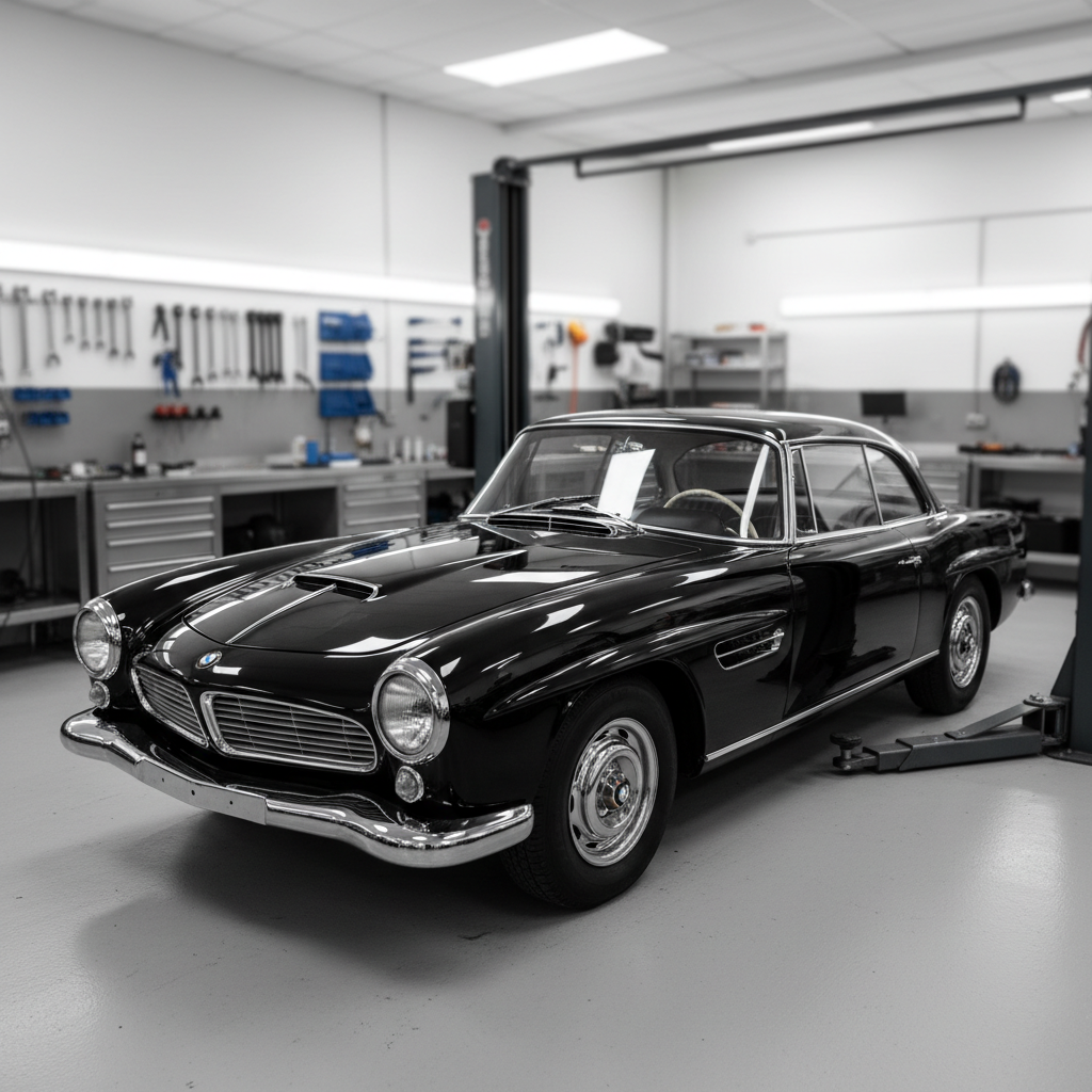 A meticulously restored deep-black 1960s German luxury coupé, paintwork polished to a mirror finish, stands in a pristine, high-end restoration workshop. Around it, spotless epoxy floors, brushed stainless steel tool cabinets, and an immaculate hydraulic lift emphasize clinical precision. Overhead, diffused LED panel lighting creates soft, even illumination, with controlled reflections tracing the car’s flawless curves and chrome accents. The atmosphere is quiet, focused, almost gallery-like, conveying exclusivity and perfection. Photographed at eye level with a slight three-quarter front angle, the background falls into a gentle photographic bokeh, keeping the car in razor-sharp focus. The style is clean, modern photographic realism, exuding German engineering excellence and sophisticated craftsmanship.