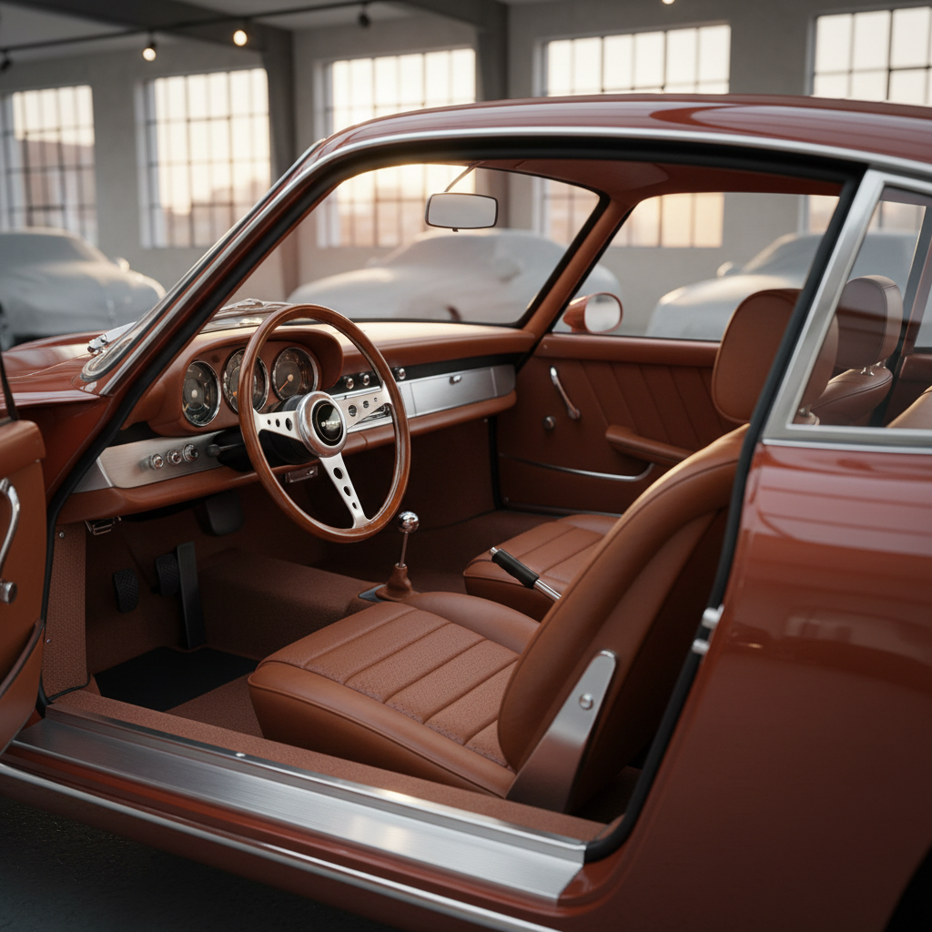 A rich cognac-brown leather interior of a fully restored classic German sports car, viewed from outside through the open driver’s door. The leather seats display precise perforation patterns and double-stitched seams, the wooden steering wheel has a deep, hand-polished gloss, and the brushed aluminum dashboard trim sits flawlessly aligned. The car is parked in a minimalist, loft-like showroom with polished concrete floors and a distant, softly blurred view of other classic silhouettes. Late-afternoon natural light floods through large industrial windows, enhanced by discreet warm spotlights, creating refined highlights on leather textures and gentle reflections on glass. Shot from a slightly elevated three-quarter angle, the composition draws the eye into the cockpit. The mood is exclusive, intimate, and sophisticated, rendered in high-end photographic realism.