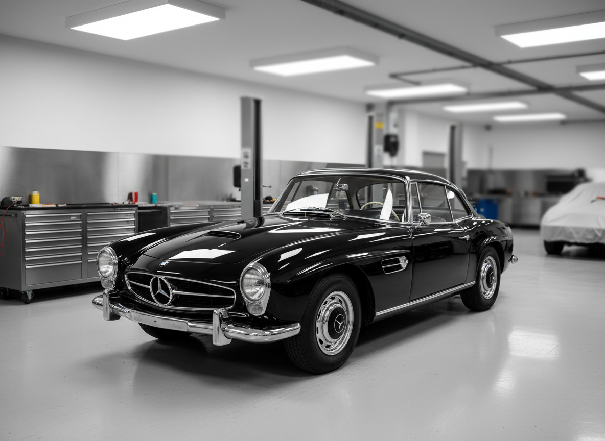 A meticulously restored deep-black 1960s German luxury coupé, paintwork polished to a mirror finish, stands in a pristine, high-end restoration workshop. Around it, spotless epoxy floors, brushed stainless steel tool cabinets, and an immaculate hydraulic lift emphasize clinical precision. Overhead, diffused LED panel lighting creates soft, even illumination, with controlled reflections tracing the car’s flawless curves and chrome accents. The atmosphere is quiet, focused, almost gallery-like, conveying exclusivity and perfection. Photographed at eye level with a slight three-quarter front angle, the background falls into a gentle photographic bokeh, keeping the car in razor-sharp focus. The style is clean, modern photographic realism, exuding German engineering excellence and sophisticated craftsmanship.